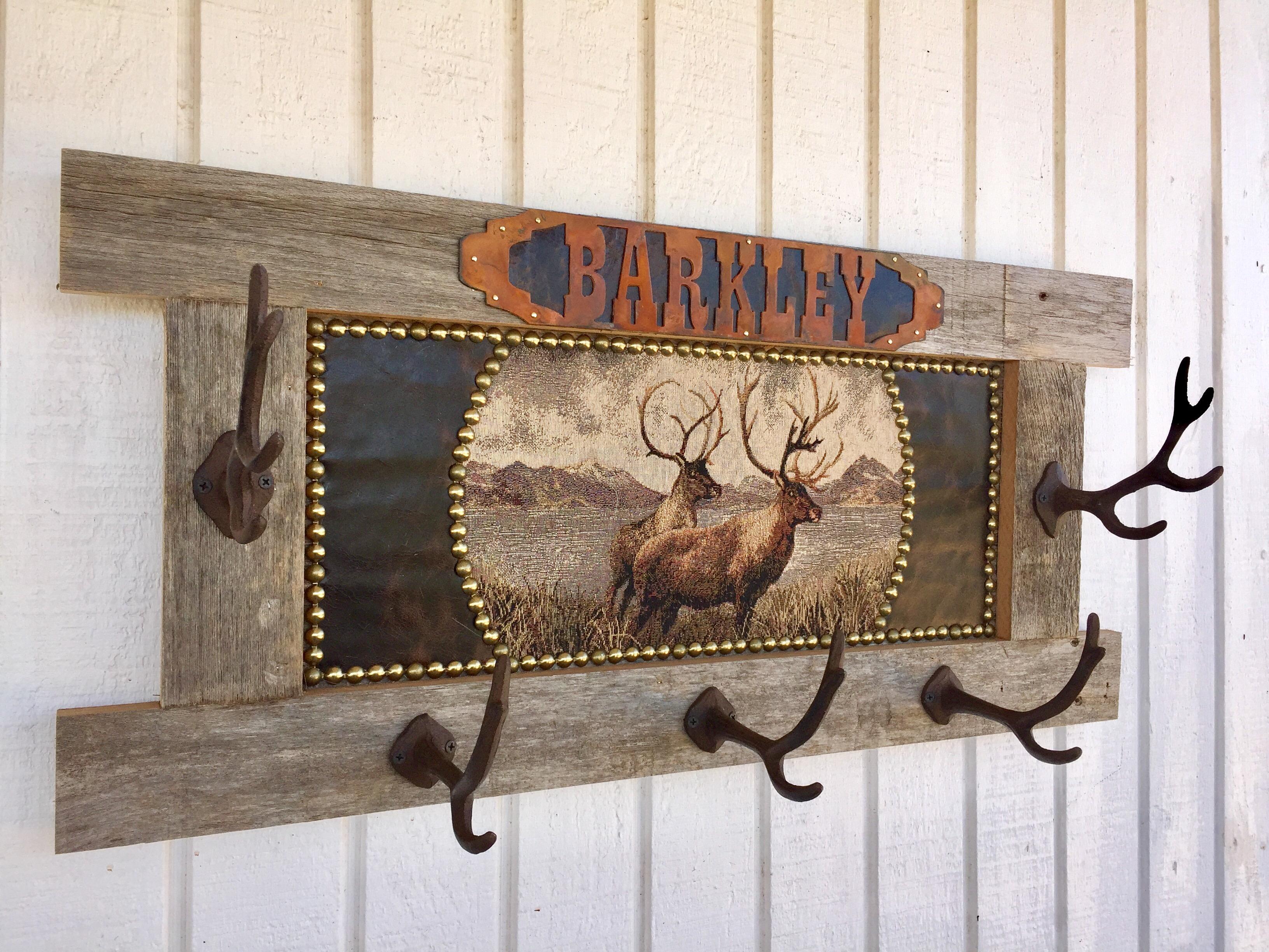Rustic Barn Wood Personalized Lodge or Cabin Elk Coat Rack Signature